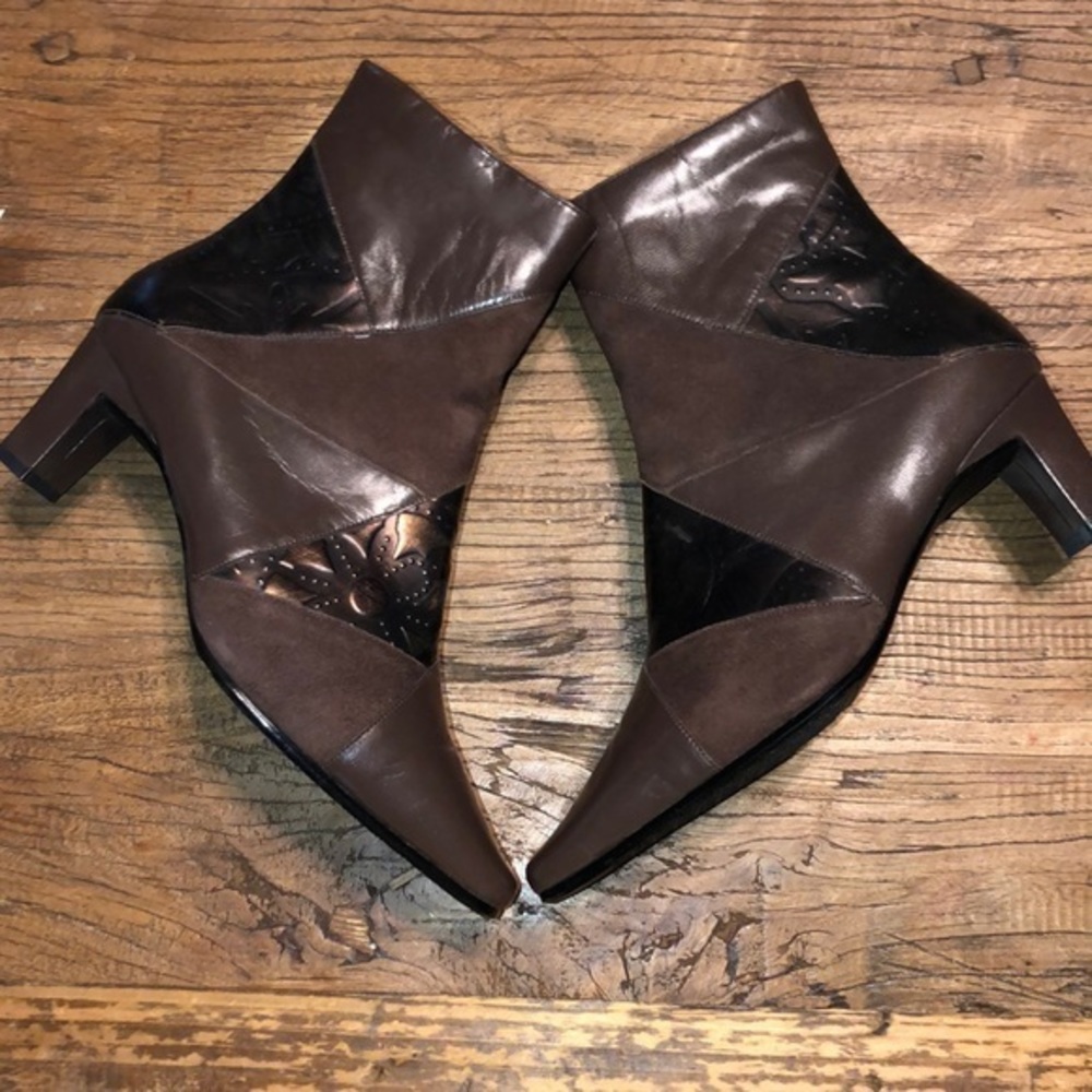 Predictions Womens‎ Brown Colorblock Faux Leather Heel Booties M1